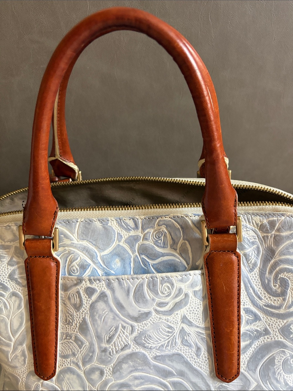 Brahmin Vivian Dome Satchel Blue Floral Embossed with Brown Trim - Picture 16 of 16